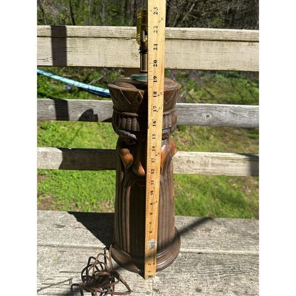 Vintage MCM 70s Ceramic Large Lamp Carved Look 3 Faces Beards Unique 19” Signed - Picture 15 of 16